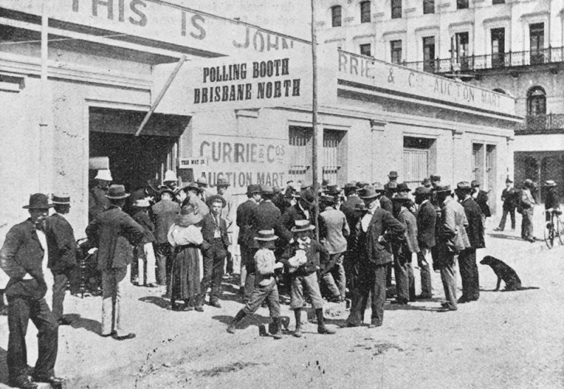 Crowd standing outside a polling place to vote in 1899 referendum.